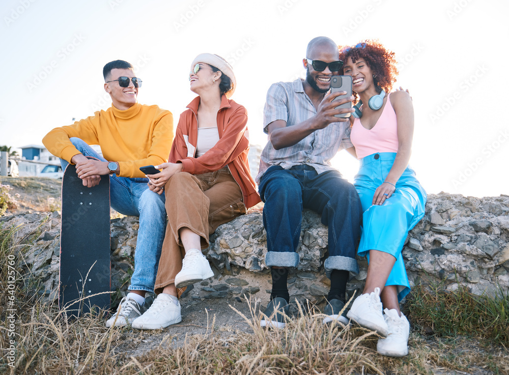 Gen z, friends and relax outdoor with phone, vacation and skateboard for selfie, memory and conversa