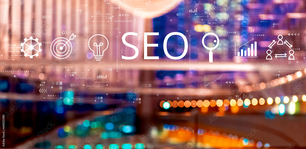 SEO concept with big city lights at night