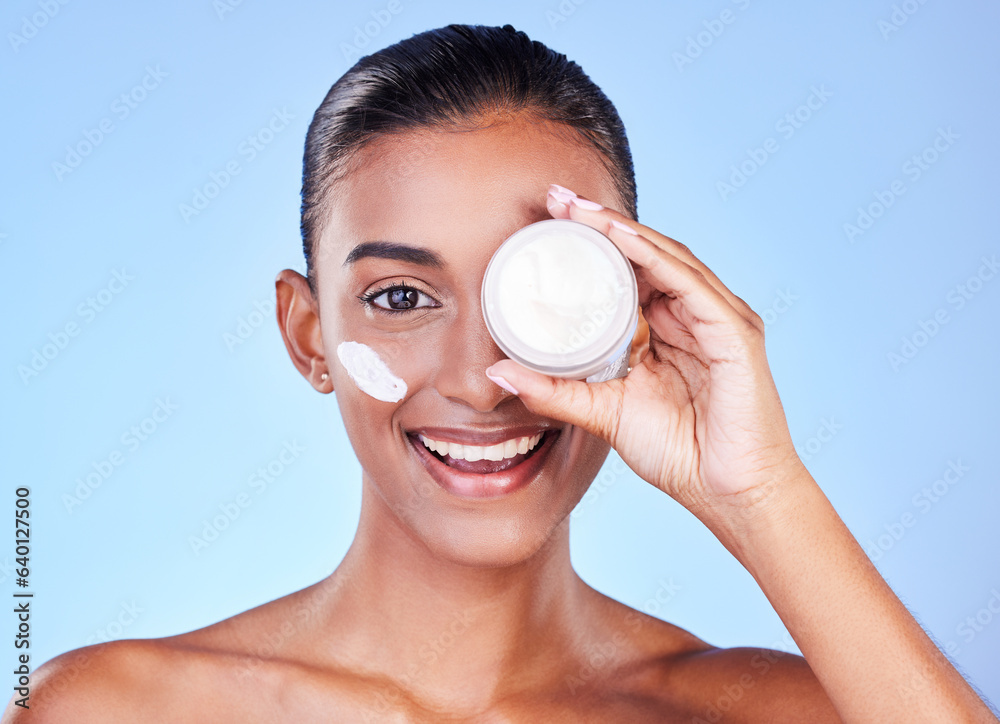 Skincare, cream and cosmetics with portrait of woman in studio for beauty, facial or moisturizer. Sp