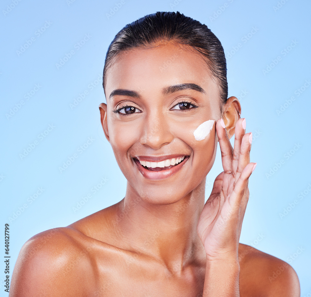 Skincare, cream and happy with portrait of woman in studio for beauty, facial or moisturizer. Spa tr