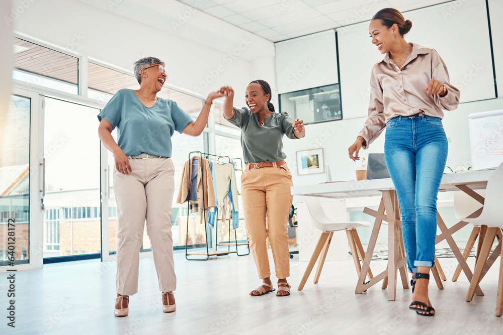 Women in creative office, dancing together and excited for achievement, success and small business s