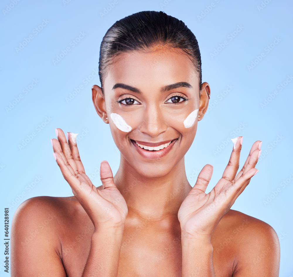 Skincare, cream and sunscreen with portrait of woman in studio for beauty, facial or moisturizer. Sp