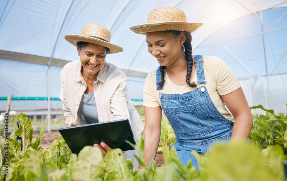 Teamwork, agriculture and women with a tablet in a greenhouse for plants and sustainability. Happy p