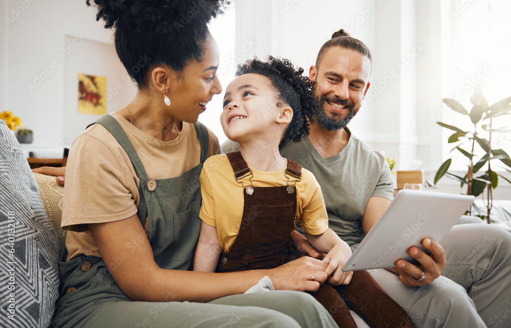 Home, family and parents with a tablet, boy and connection with games, cartoon and relax. People, mo