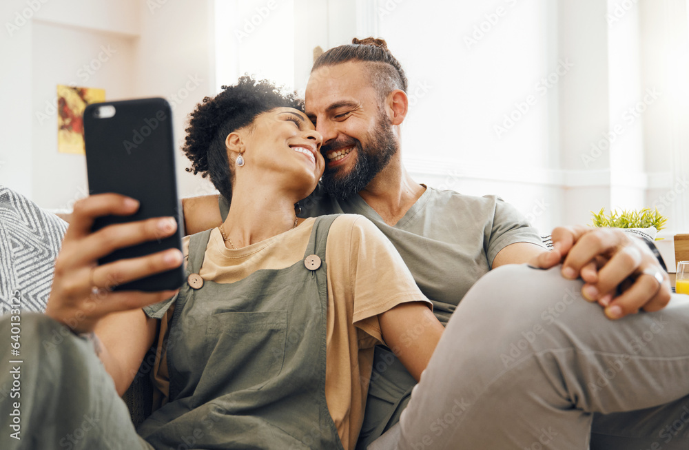 Interracial couple, selfie and smile on couch, holding hands or laugh with memory, web blog or post 