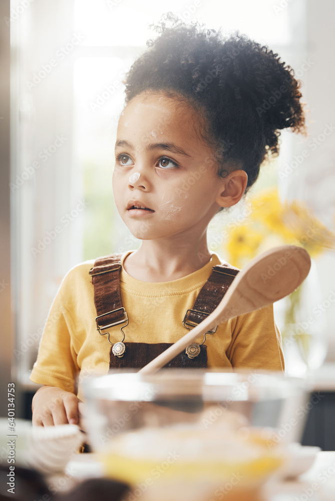 Kid in kitchen, baking with wooden spoon and cake flour on face, little baker making breakfast or co