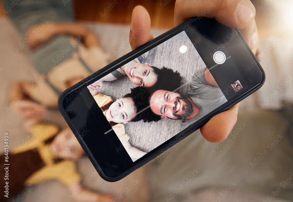 Phone screen, selfie and happy family, relax together at home, social media streaming and memory in 