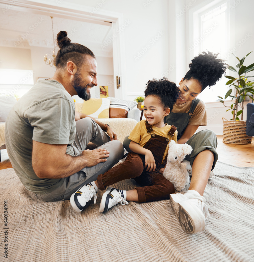 Smile, love and an interracial family on the floor, playing in the living room of a home together fo