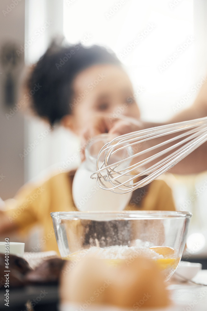 Whisk, egg and kitchen in closeup, kid and learning with muffins, cooking and helping hand from pare