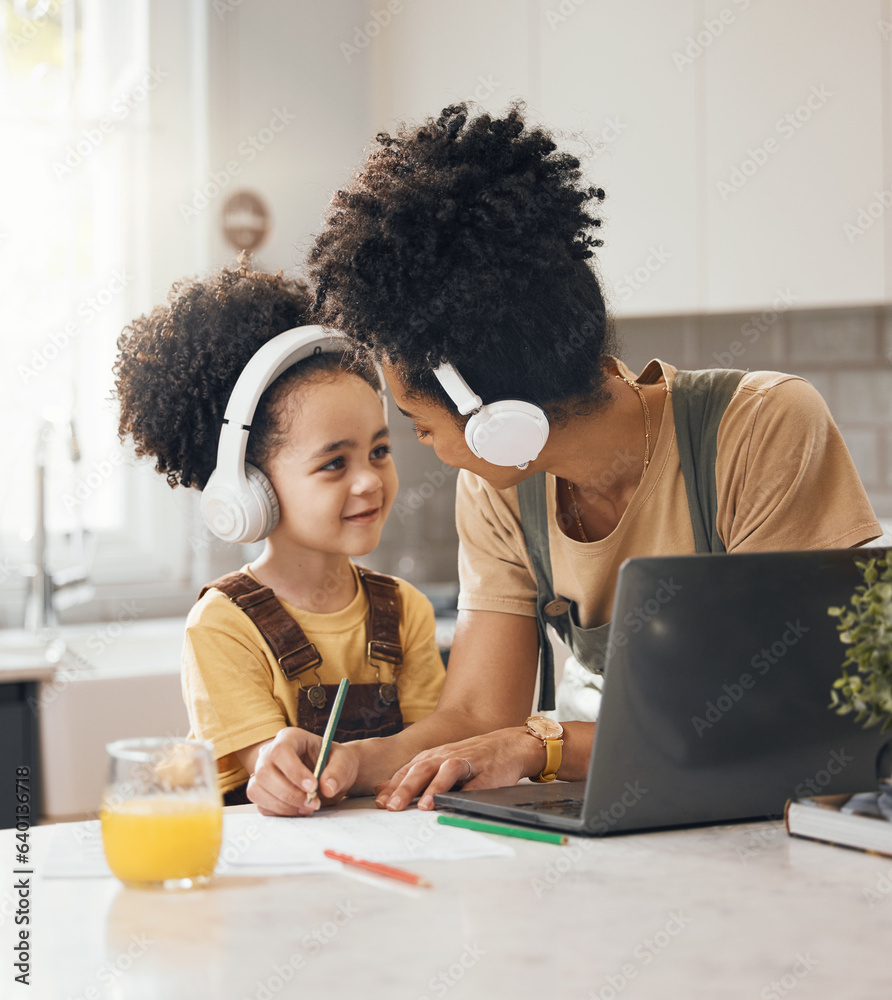 Online education, mom and child in home school with love, headphones and laptop for virtual class. C