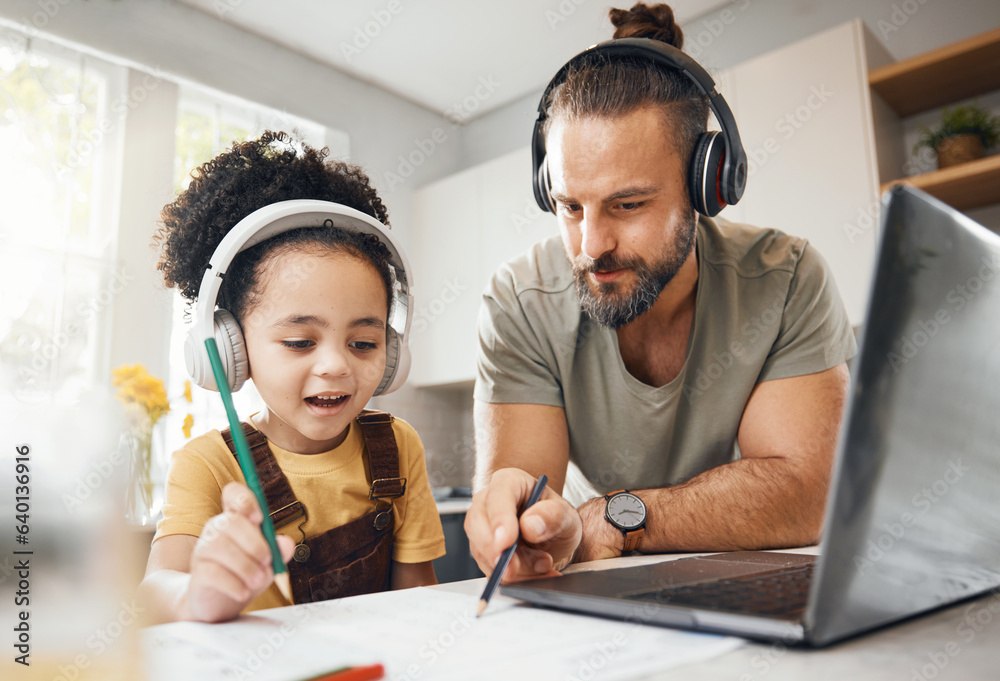 Online education, dad and child in home with headphones, laptop and homework for virtual class. Comp