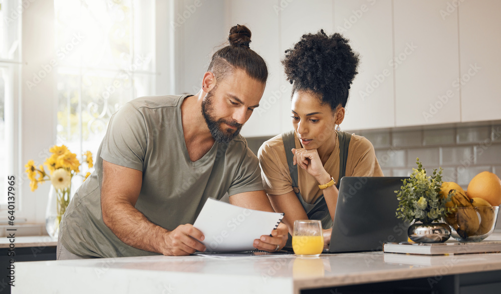 Interracial couple, laptop in kitchen and insurance paperwork, budget and finance with life and marr