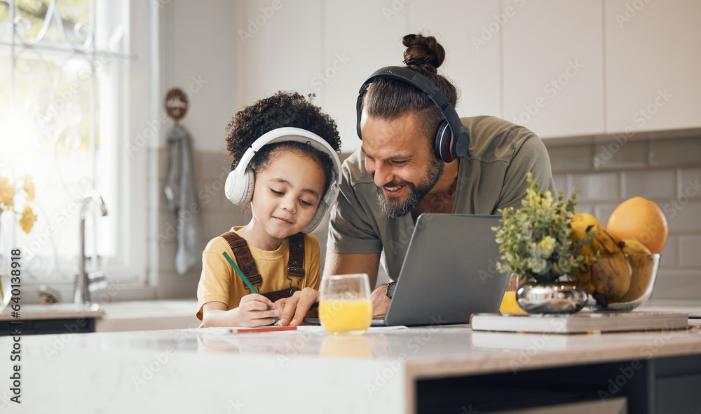 Elearning, father and child in kitchen with headphones, laptop and homework for online class. Comput