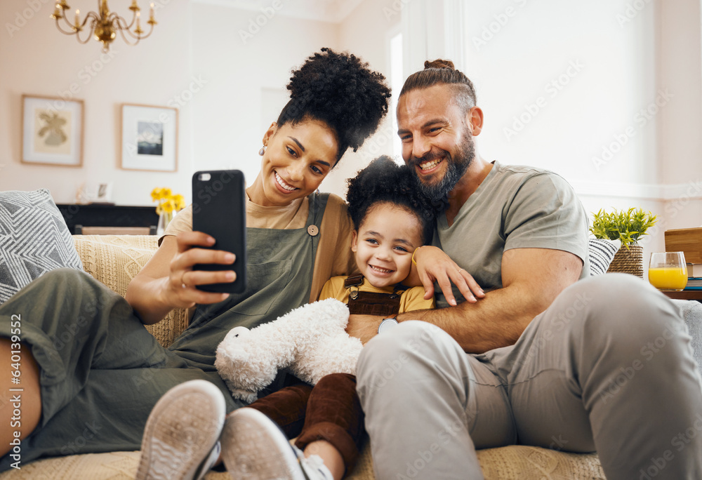 Interracial parents, child and selfie on sofa, smile and hug for love, bonding and memory on web blo