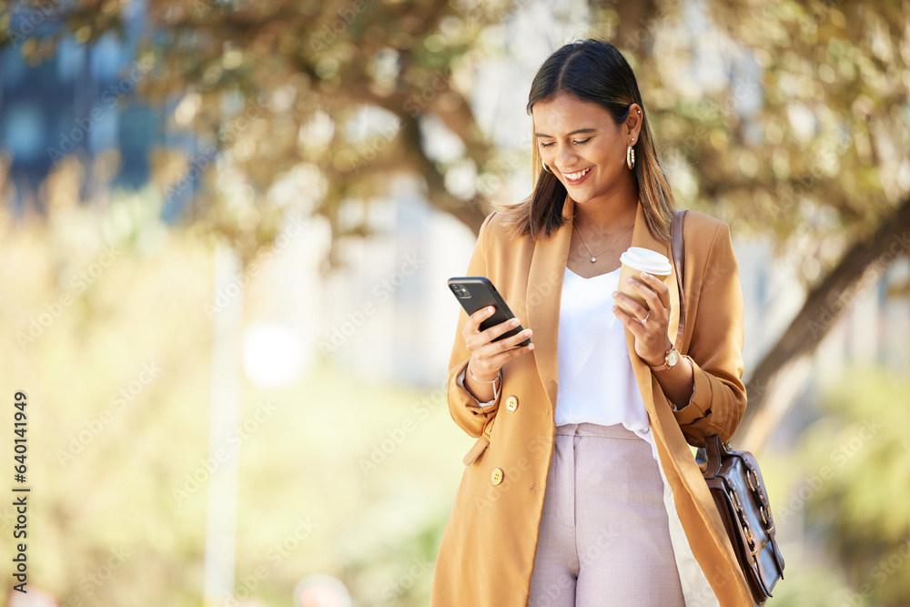 Happy woman, phone and coffee in nature for social media, communication or outdoor networking. Femal