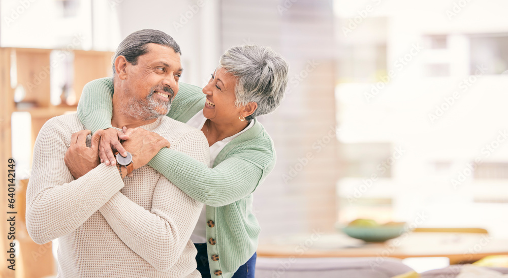 Happy, hug and senior couple in a living room with love, connection and conversation in their home t