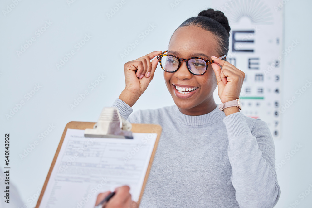 Black woman, glasses and vision, clipboard and optometrist with health insurance, prescription lens 