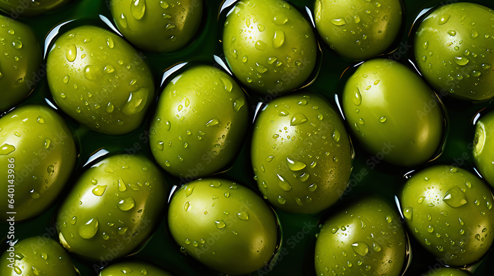 Fresh green olives with water drops background. Vegetables backdrop. Generative AI