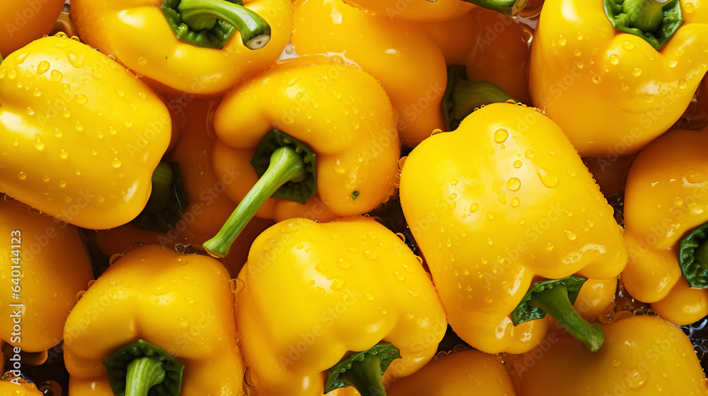 Fresh yellow bell peppers with water drops background. Vegetables backdrop. Generative AI