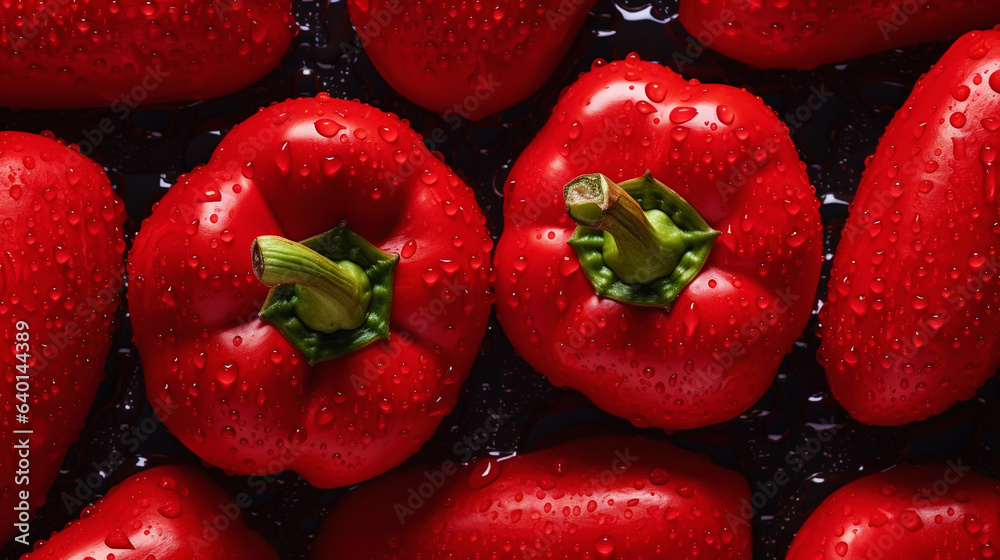 Fresh red bell peppers with water drops background. Vegetables backdrop. Generative AI