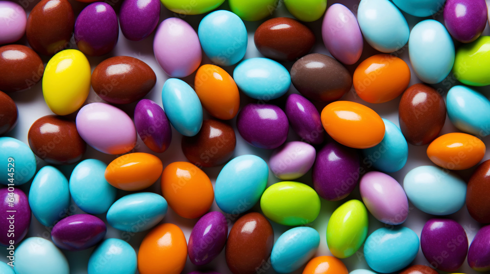 Close up of a pile of colorful chocolate coated candies. Candy background. Generative AI