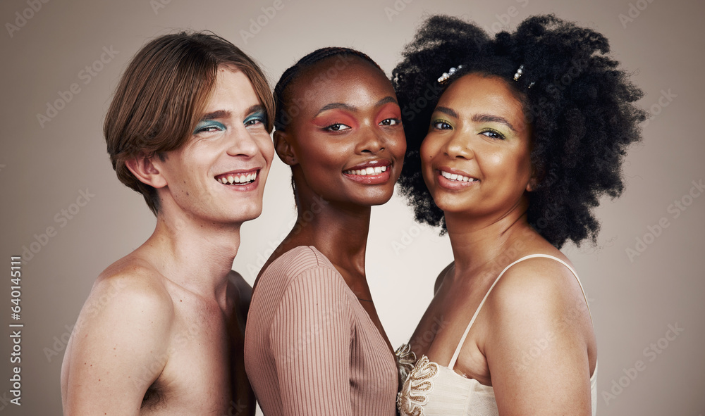 Diversity, beauty and skin, portrait and happy people, dermatology and inclusion isolated on studio 