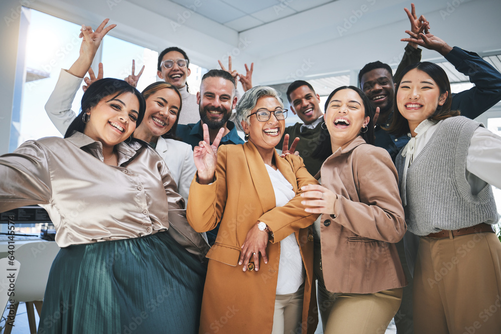 Happy, peace sign and portrait of business people in the office for team building or bonding. Smile,