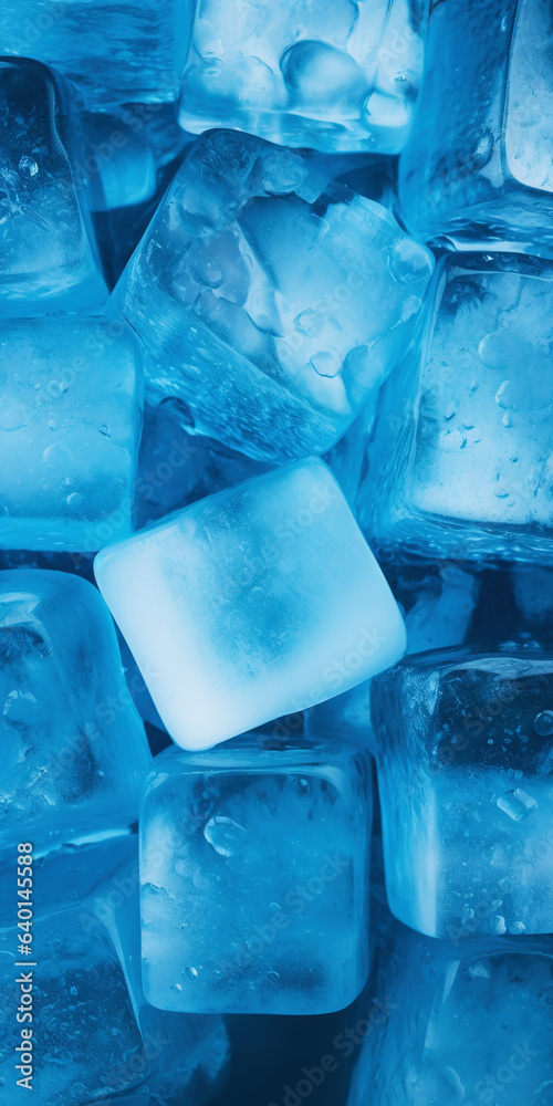 Ice cubes bluish background. Frozen water. Cold fresh concept. Generative AI