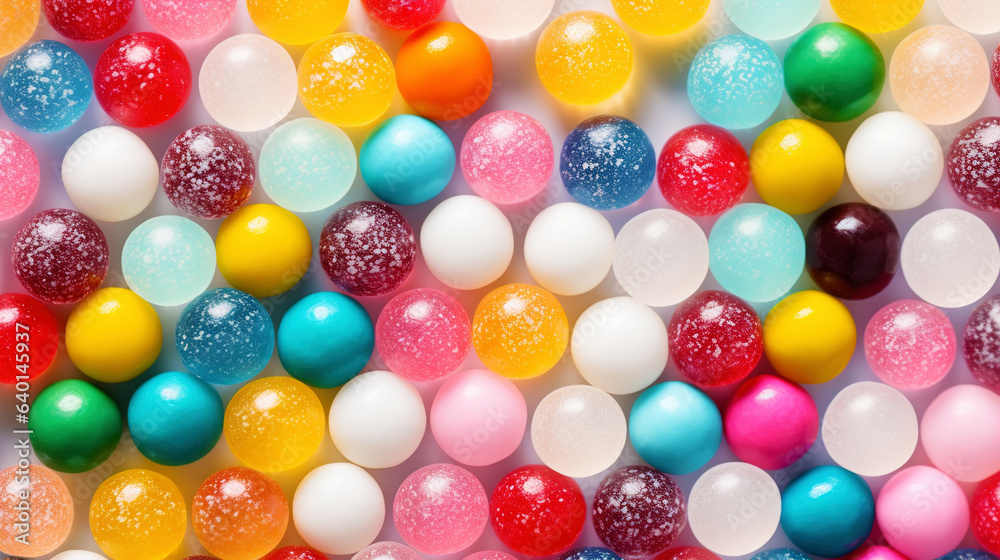 Top view on large colorful jawbreaker candies background. Gum colorful balls. Generative AI