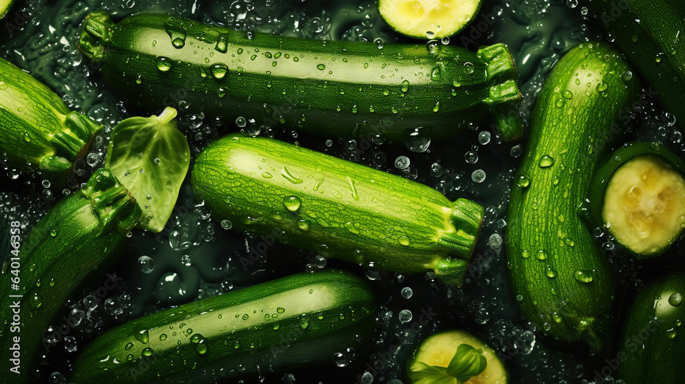 Freshgreen zucchini or courgettes with water drops background. Vegetables backdrop. Generative AI