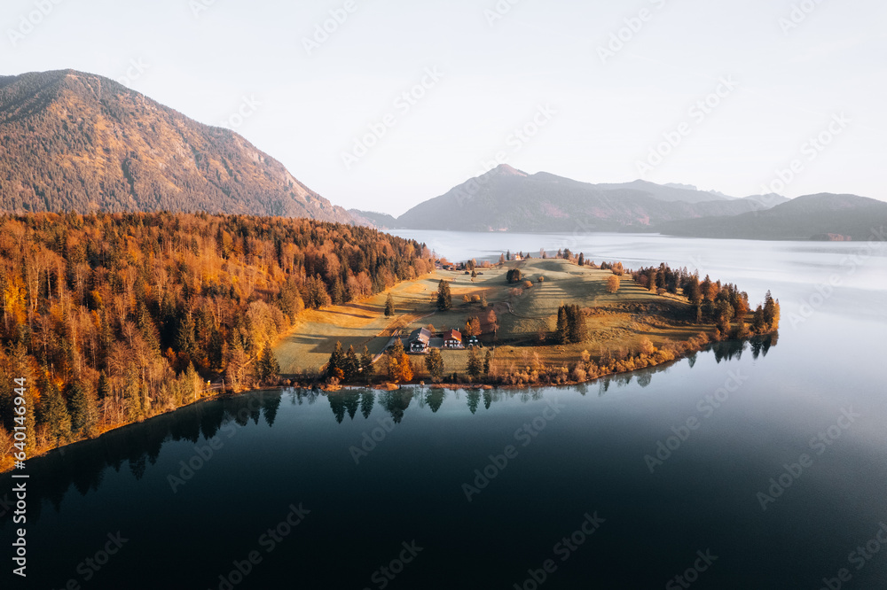 Aerial Photo of Lake Walchensee, behind Jochberg, Upper Bavaria, Germany Europe