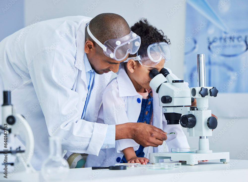 Lab test, father and child with microscope for learning, research and science study. Scientist, stud