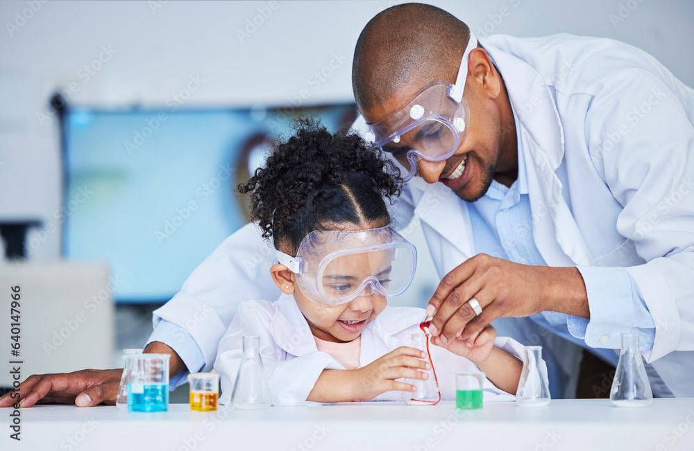 Science, help and a child and father with liquid for a chemistry experiment or education. Happy, tog