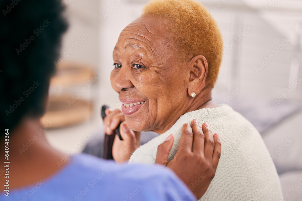 Smile, talking and a senior woman with a caregiver for medical attention, care and support in a home