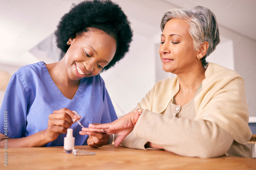 Nursing home, manicure and a caregiver with a senior woman for a grooming or beauty treatment. Happy