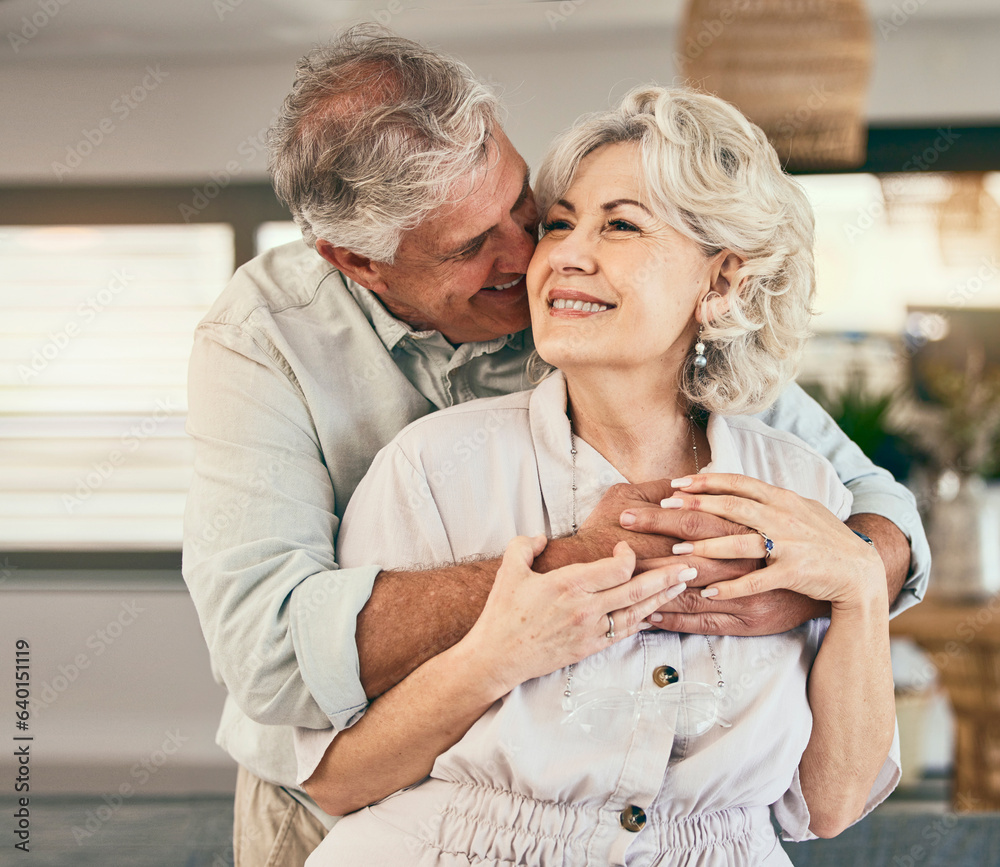 Love, relax or happy old couple hug in home living room bonding together on holiday vacation with su