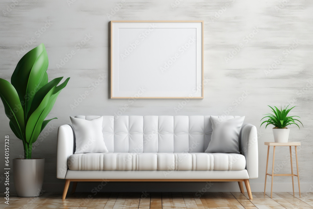 Blank picture frame mockup with luxury sofa on living room. Generative AI