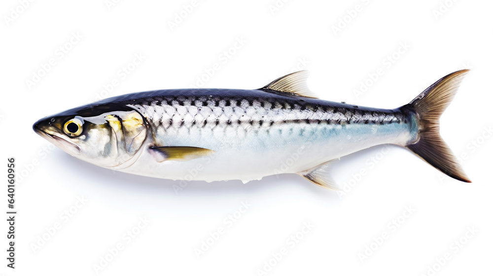 Fresh mackerel fish (Scomber scrombrus) on ice. Seafood background. Generative AI