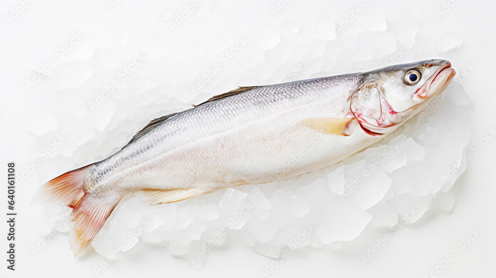 Fresh raw cod fish on ice. Seafood background. Generative AI