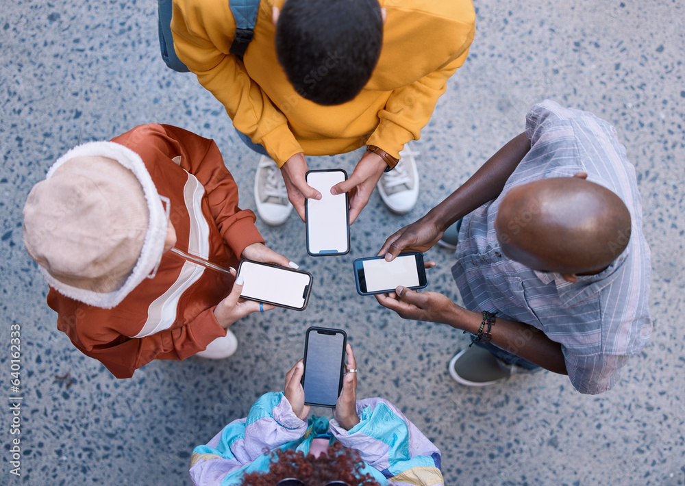 Friends, circle and phone in top view, outdoor and texting on social media, app and web communicatio