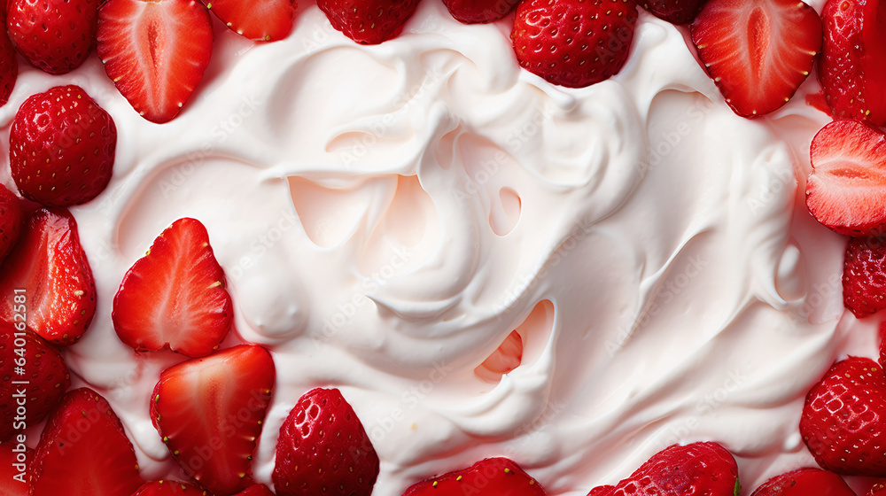 Yogurt and fresh strawberries, background. Top view. Generative AI