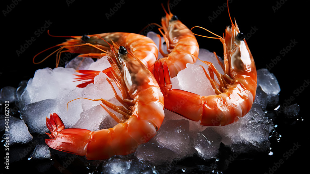 Top view of raw whole king prawns on ice. Seafood background. Generative AI