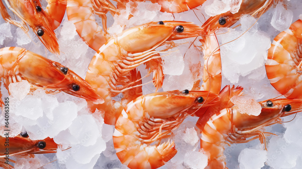 Top view of raw whole shrimps on ice. Seafood background. Generative AI