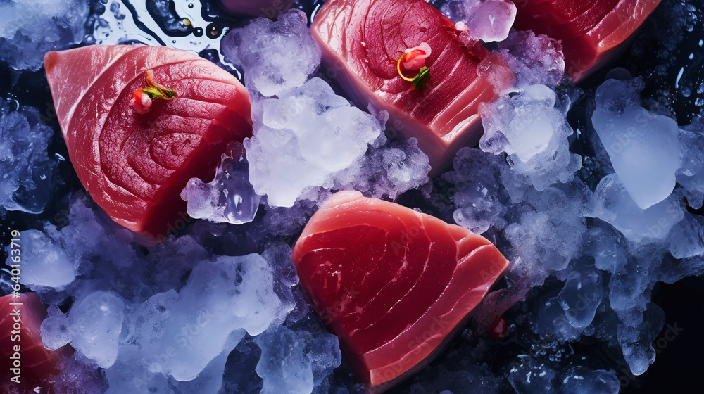 Slices of tuna fish on the ice cubes. Fresh fish fillet. Seafood background. Generative AI