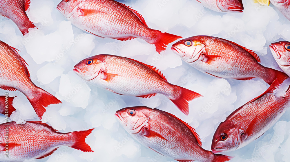 Red snapper fish catch in ice cubes. Seafood background. Generative AI