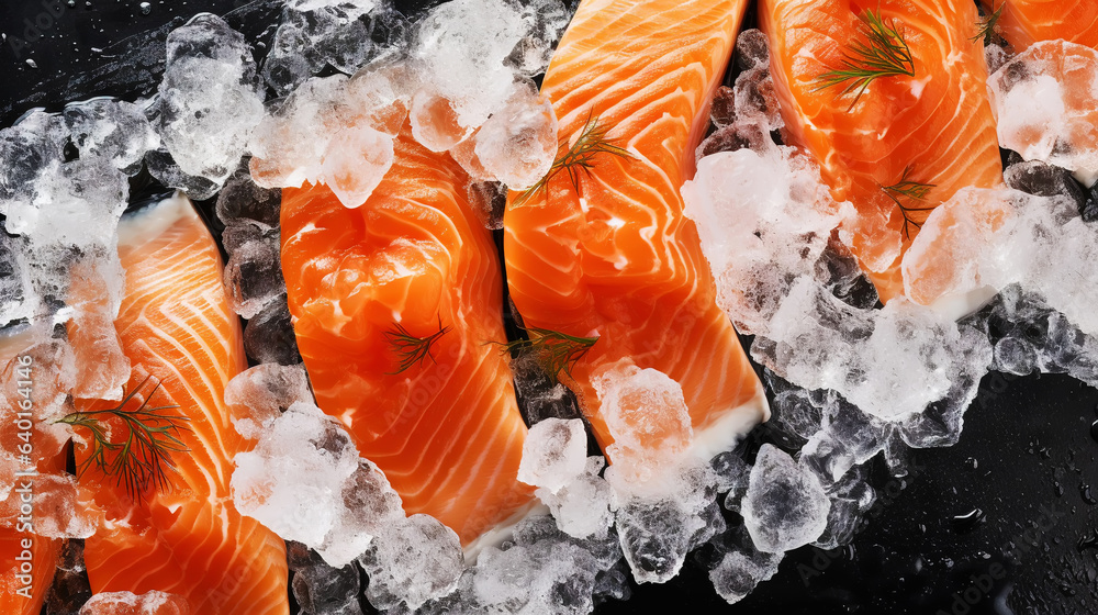 Fresh salmon fillet on ice. Red tasty fish meat. Seafood background. Generative AI