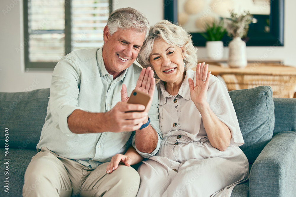 Wave, phone and video call with old couple on sofa for streaming, social media or communication. Net