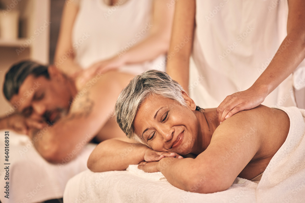 Relax, massage and senior with couple in spa for vacation, luxury and beauty salon. Peace, wellness 