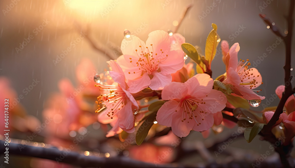 Blossom peach branch with drops of water on a blurred background.