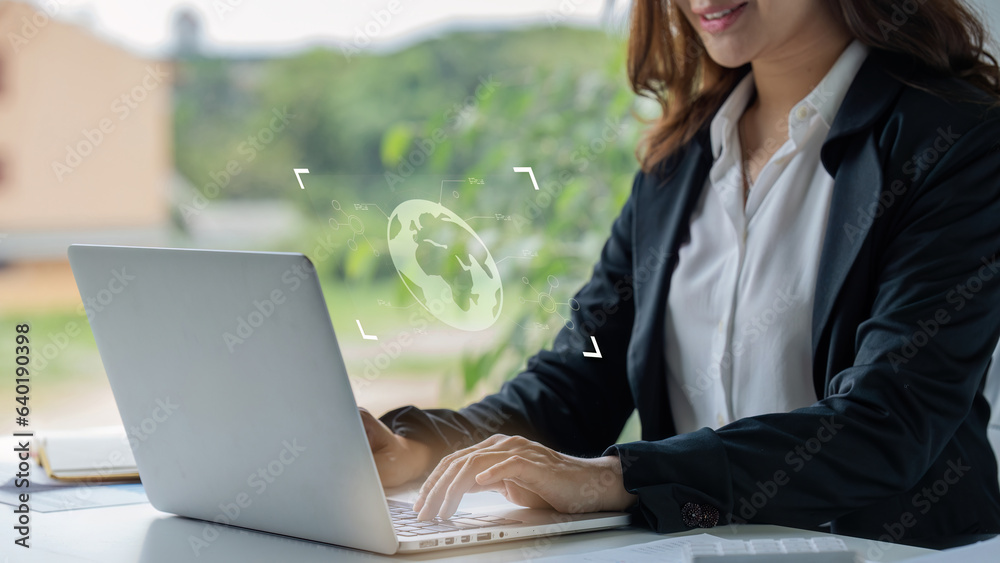 Business people using digital laptop with people global network connection